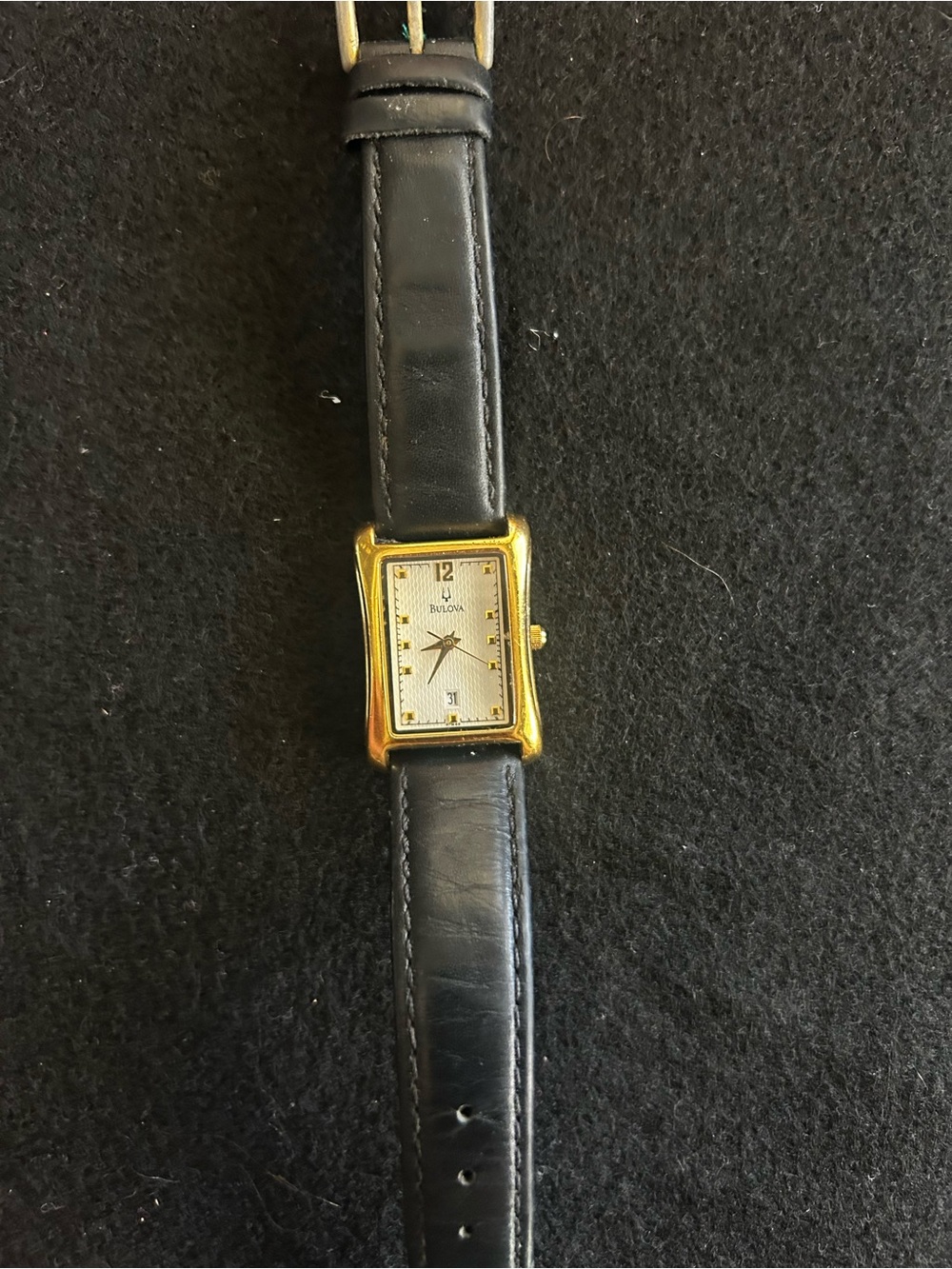 Bulova Gold-Tone Rectangular Dress Watch with Black Leather Strap